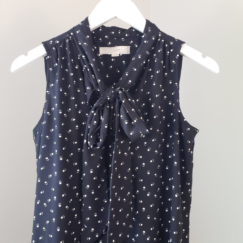Loft Black & White Pawprint Tie Neck Dress - Picture 3 of 6